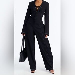 Fashion Nova Twill Lace Up Barrel Jumpsuit-Black